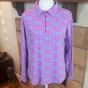 Ibkul Pale Blue/Pink Collared Long Sleeve 1/4 Zip Top, size L